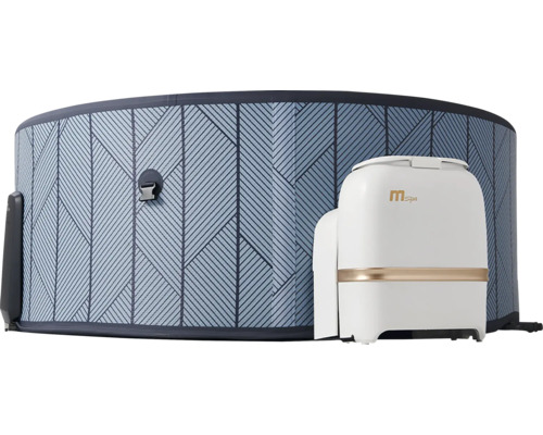 Aufblasbarer Whirlpool mit blauem geometrischem Muster und externer weißer Steuereinheit mit MSpa Logo.