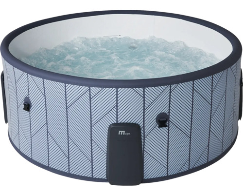 Aufblasbarer runder Whirlpool von MSpa mit grauem geometrischem Muster und sprudelndem Wasser.