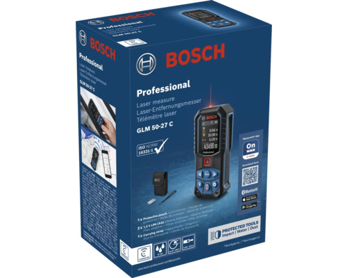 Bosch Professional Laser-Entfernungsmesser GLM 50-27 C in Verpackung mit Bluetooth, 50 Meter Reichweite, inklusive Schutztasche und Zubehör.