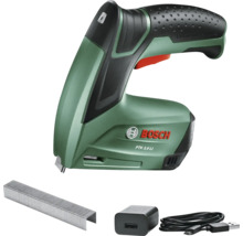 Bosch Akku-Tacker PTK 3,6 LI inklusive Klammern, USB-Ladekabel und Netzteil.
