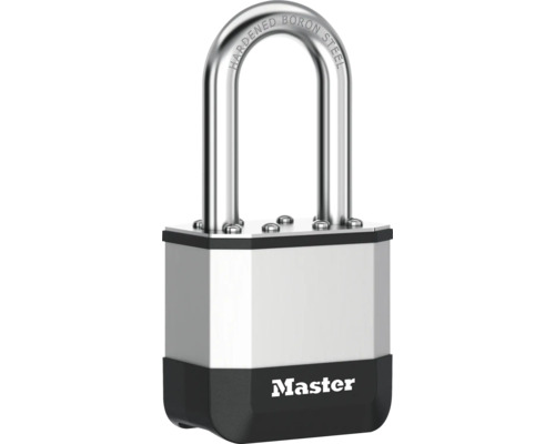 Vorhängeschloss von Master Lock mit Bügel aus gehärtetem Borstahl und Metallgehäuse.