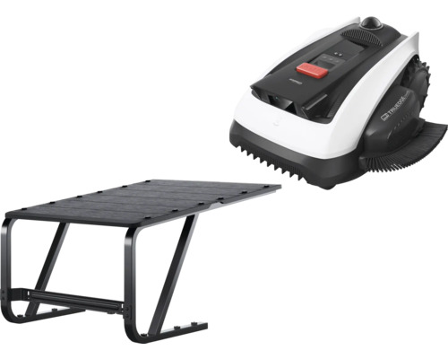 Ecovacs Mähroboter in Weiß und Schwarz mit einer schwarzen Garage aus Kunststoff und Metall zum Schutz vor Witterungseinflüssen.