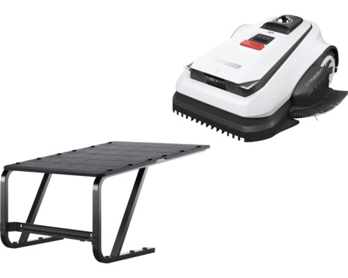 Mähroboter mit passender Garagenstation aus Kunststoff und Metall.