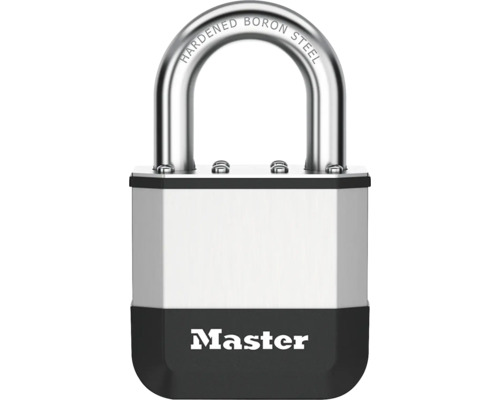 Master Vorhängeschloss mit Bügel aus gehärtetem Borstahl, Metallgehäuse und Master Logo.