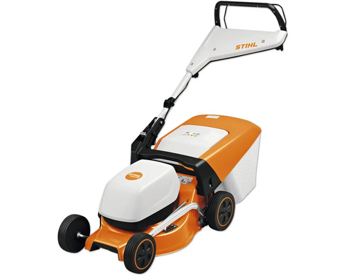 Stihl Akkumulator-Rasenmäher mit Grasfangkorb und klappbarem Holm.