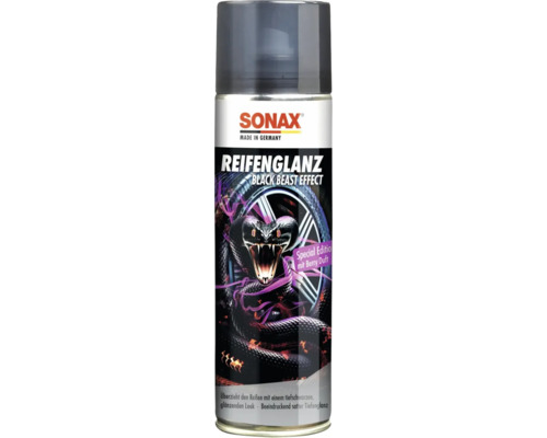 SONAX Reifenglanz Black Beast Effect Spraydose zur Reifenpflege für tiefschwarzen Glanz mit Beerenduft und SONAX Logo.