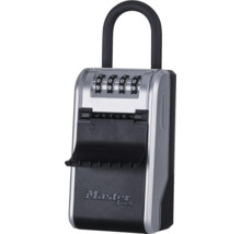 Schlüsseltresor mit vierstelligem Zahlenschloss und Bügel zum Aufhängen. Master Lock Logo.