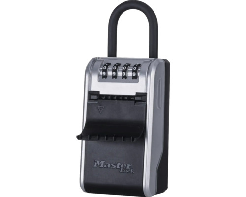 Schlüsseltresor mit vierstelligem Zahlenschloss und Bügel zum Aufhängen. Master Lock Logo.