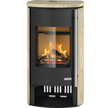 Kaminofen Accente mit Sandsteinverkleidung, Sichtscheibe mit brennendem Holzfeuer und Edelstahlgriff.