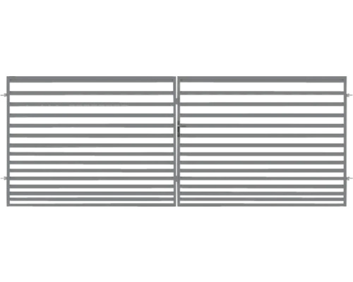 Zweiflügeliges Gartentor aus Metall mit horizontalen Lamellen in Grau.