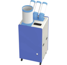 Mobiles Spot-Cooler Klimagerät mit vier Luftschläuchen, digitalem Bedienfeld und Rollen in Blau und Weiß.