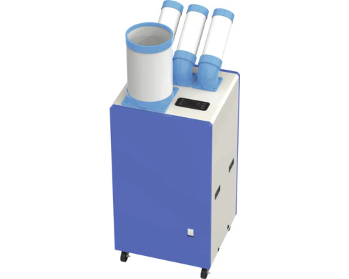 Mobiles Spot-Cooler Klimagerät mit vier Luftschläuchen, digitalem Bedienfeld und Rollen in Blau und Weiß.