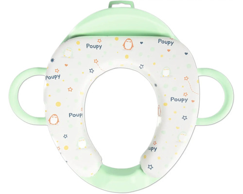 Hellgrüner gepolsterter Toilettentrainer für Kinder mit Haltegriffen und Pinguin-Sternen-Muster von Poupy.