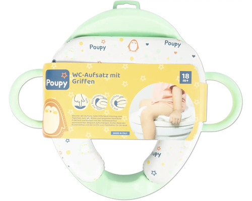 Poupy WC-Aufsatz mit Griffen, weich gepolstert, hohe Rückenlehne, Spritzschutz, mintgrün und weiß, Tiermotive, ab 18 Monaten.