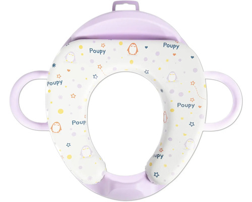 Lilafarbener, gepolsterter Toilettentrainer für Kinder mit seitlichen Haltegriffen und Pinguin-Motiv.