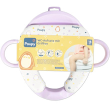 Poupy WC-Aufsatz mit Griffen und Rückenlehne für Kinder ab 18 Monaten, weich gepolstert mit Pinguin-Motiv.