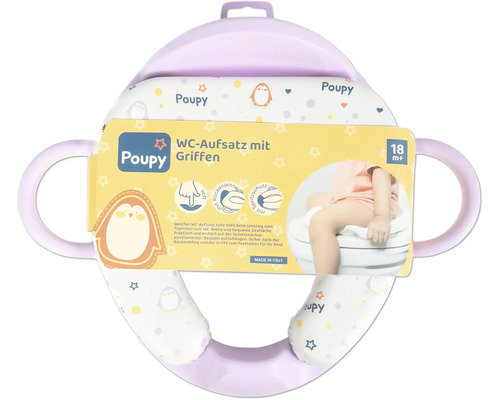 Poupy WC-Aufsatz mit Griffen und Rückenlehne für Kinder ab 18 Monaten, weich gepolstert mit Pinguin-Motiv.