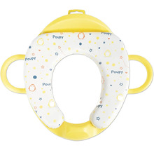 Gepolsterter Toilettensitzverkleinerer für Kinder von Poupy mit seitlichen Haltegriffen und Pinguin-Motiv.