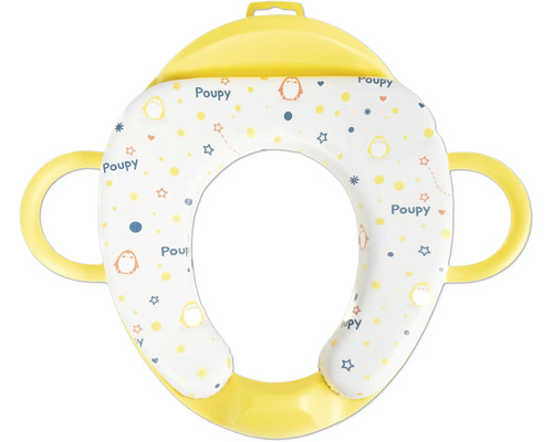 Gepolsterter Toilettensitzverkleinerer für Kinder von Poupy mit seitlichen Haltegriffen und Pinguin-Motiv.