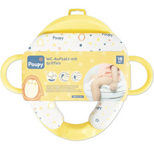 Poupy WC-Aufsatz mit Griffen für Kinder ab 18 Monate, gepolsterte Sitzfläche mit Pinguin-Motiv und Spritzschutz.
