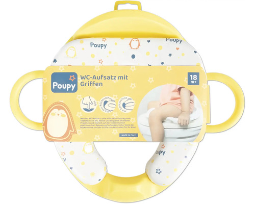 Poupy WC-Aufsatz mit Griffen für Kinder ab 18 Monate, gepolsterte Sitzfläche mit Pinguin-Motiv und Spritzschutz.
