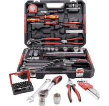 HM Müllner Werkzeugkoffer bestückt mit Zangen, Schraubendrehern, Steckschlüsselsatz, Hammer, Bit-Set, Gabel-Ringschlüsseln und Winkelschraubendrehern.