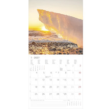 Wandkalender Jänner 2027 mit Naturfoto eines Eisblocks am Strand bei Sonnenuntergang und Platz für Notizen.
