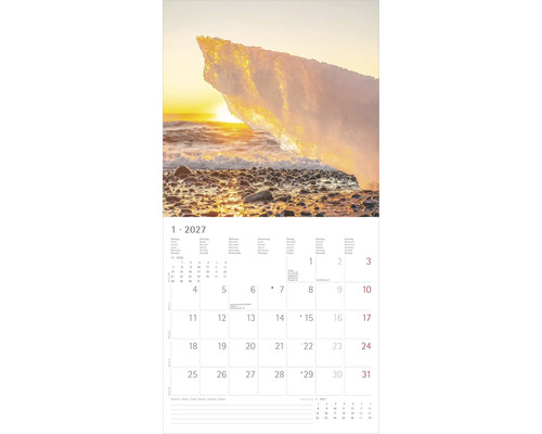 Wandkalender Jänner 2027 mit Naturfoto eines Eisblocks am Strand bei Sonnenuntergang und Platz für Notizen.
