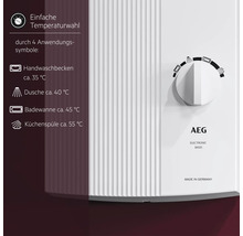 AEG Durchlauferhitzer mit Temperaturregler und Symbolen für Waschbecken, Dusche, Badewanne und Spüle von 35 bis 55 Grad Celsius.