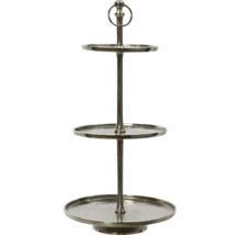 Dreistöckige Etagere aus Metall mit rundem Tragegriff.