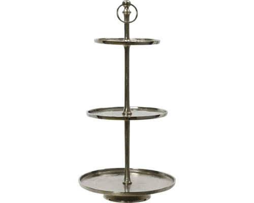 Dreistöckige Etagere aus Metall mit rundem Tragegriff.