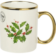 Weihnachtsbecher aus Keramik mit Stechpalmen-Motiv, Goldrand, goldenem Henkel und Kitchen Goods and More Logo.