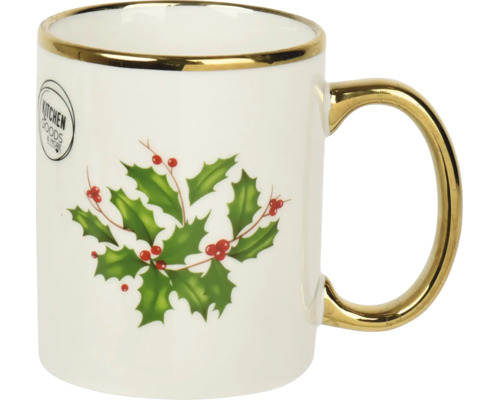 Weihnachtsbecher aus Keramik mit Stechpalmen-Motiv, Goldrand, goldenem Henkel und Kitchen Goods and More Logo.