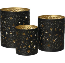 Dreiteiliges Windlicht-Set aus Metall mit Sternenmuster, schwarz-goldene Optik.