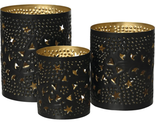 Dreiteiliges Windlicht-Set aus Metall mit Sternenmuster, schwarz-goldene Optik.