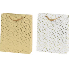 Goldfarbene und weiße Geschenktaschen mit goldenem Sternenmuster und Tragebändern.