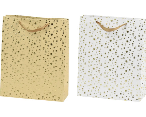 Goldfarbene und weiße Geschenktaschen mit goldenem Sternenmuster und Tragebändern.