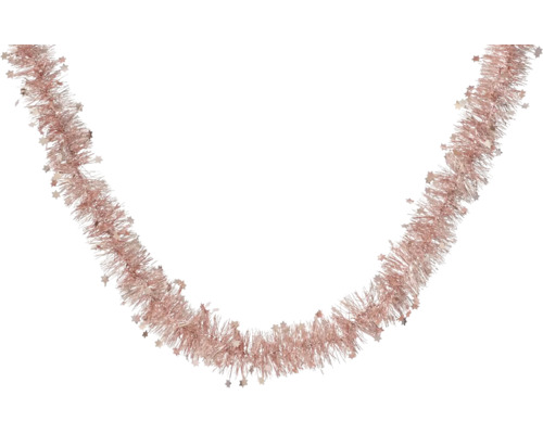 Roséfarbene Lametta-Girlande mit Sternen für die Weihnachtsdekoration.