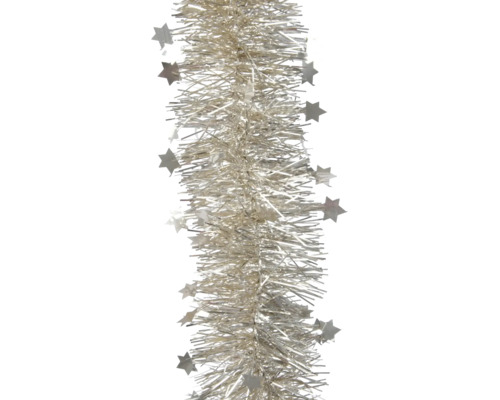 Silberne Lametta-Girlande mit kleinen Sternen als Weihnachtsdekoration.