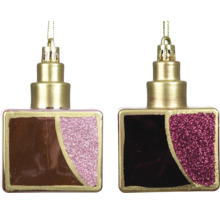 Zwei Weihnachtsbaumanhänger aus Glas in Form von Parfümflakons in Braun und Violett mit Glitzerverzierung und goldenen Verschlüssen.