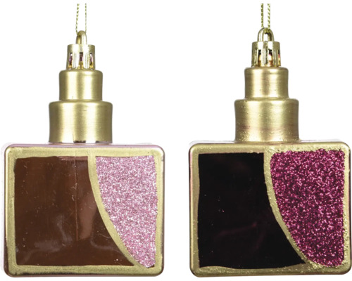 Zwei Weihnachtsbaumanhänger aus Glas in Form von Parfümflakons in Braun und Violett mit Glitzerverzierung und goldenen Verschlüssen.