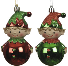 Christbaumschmuck Elfenfiguren mit glitzernden Hüten in Rot und Grün sowie glänzenden, runden Körpern.