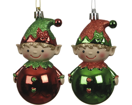 Christbaumschmuck Elfenfiguren mit glitzernden Hüten in Rot und Grün sowie glänzenden, runden Körpern.