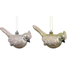 Weihnachtsanhänger in Vogelform in Silber und Gold mit glitzernden Pailletten an Flügeln und Schwanz zum Aufhängen.
