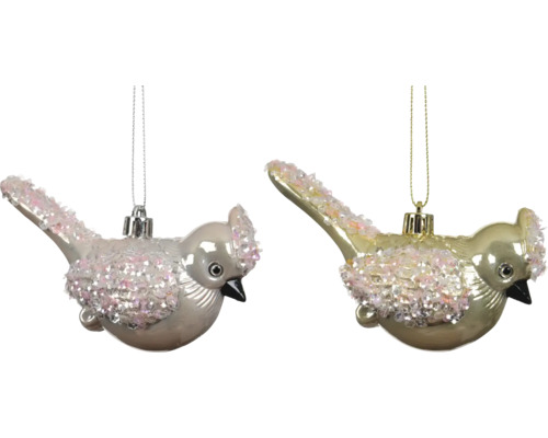 Weihnachtsanhänger in Vogelform in Silber und Gold mit glitzernden Pailletten an Flügeln und Schwanz zum Aufhängen.