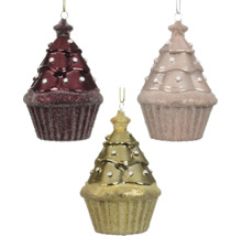 Drei gläserne Weihnachtsanhänger in Form von Cupcakes mit Tannenbaum-Aufsatz und Glitzer.