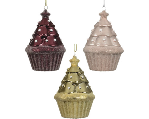 Drei gläserne Weihnachtsanhänger in Form von Cupcakes mit Tannenbaum-Aufsatz und Glitzer.