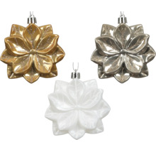 Christbaumschmuck in Blütenform, Set aus drei Anhängern in Gold, Silber und Weiß mit Glitzer.
