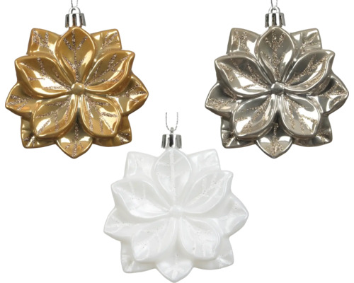 Christbaumschmuck in Blütenform, Set aus drei Anhängern in Gold, Silber und Weiß mit Glitzer.