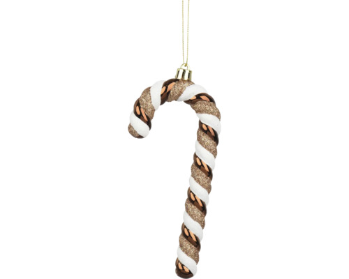 Christbaumschmuck Zuckerstange, gestreift mit glitzernden, matten und glänzenden Oberflächen sowie Aufhängung.